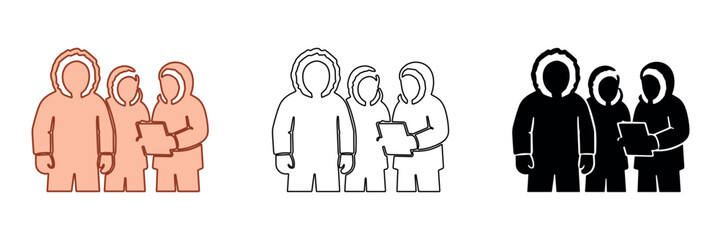 Three people in parkas gathered together looking at a tablet device © Ophelia