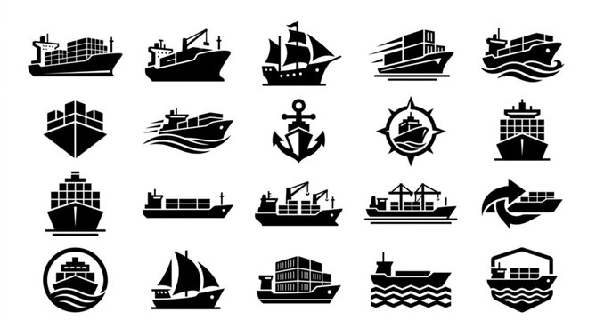 Cargo Container Ship Silhouette Logo Vector Set for Shipping and Logistics Branding