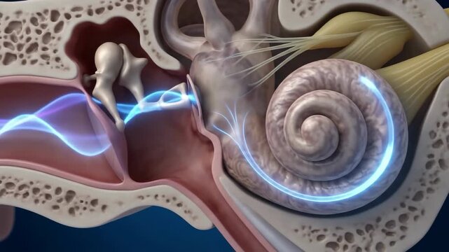 Medical animation of sound waves traveling through the human ear