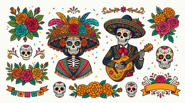 Day of the Dead illustration set with sugar skulls, La Catrina, mariachi skeleton playing guitar, and marigold flowers