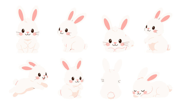 Set of cute white rabbit characters in different poses