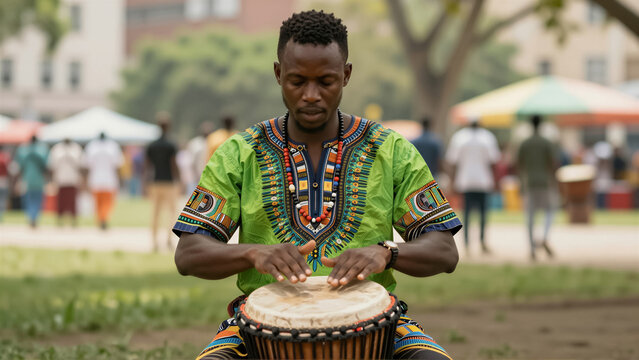An African man in a vibrant dashiki passionately plays a djembe drum at an outdoor cultural festival. His focused expression captures the spirit of traditional music and community celebra