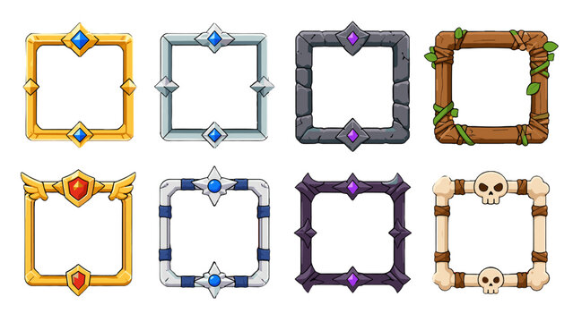 Set of fantasy game avatar frames in different materials