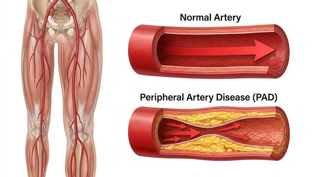 Peripheral artery disease PAD medical illustration depicting leg artery blockage and plaque buildup.