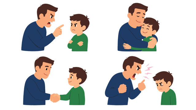 Father and son conflict and reconciliation vector illustration set