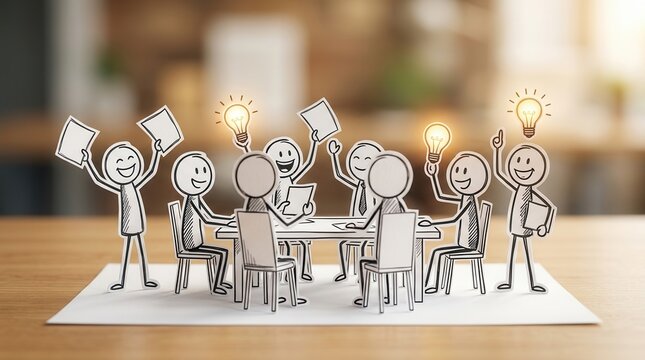 Spirited discussion and flow of ideas represented by stick figures with glowing lightbulbs.