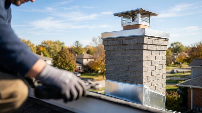 Skilled worker performing maintenance on a brick chimney cap and flashing during a rooftop inspection.