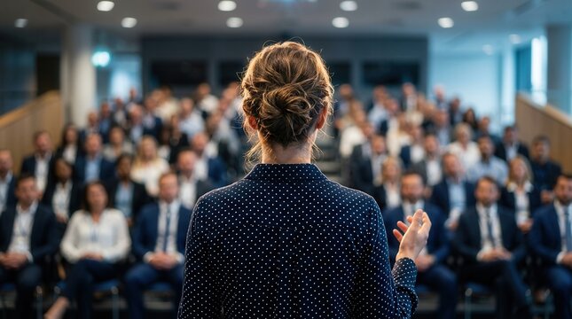 Professional woman giving a speech with visual support to help an audience understand concepts.