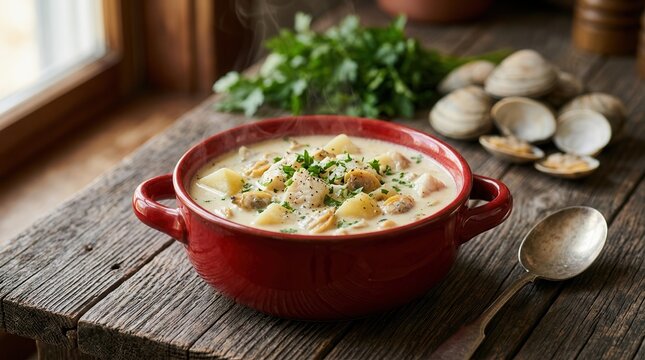 Warm clam chowder featuring quahogs and chunky potatoes served in a red bowl