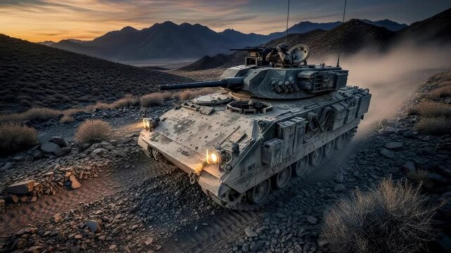 Armored infantry fighting vehicle moving across desert terrain at sunset. Soldier operating military combat machine in hostile landscape. Tactical defense sector.