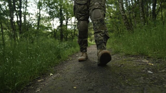 Legs of a camouflaged soldier in the middle of a footpath in a forest on a recon. Walking and aiming a AR-15 carbine rifle with a red laser collimator and a magnifier