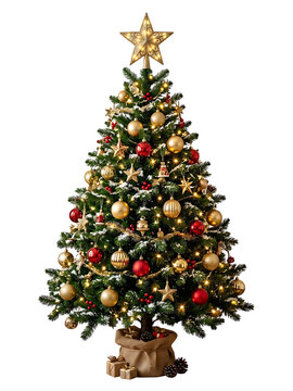 Festive Christmas Tree with Lights and Ornaments Isolated PNG