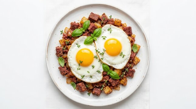 Savory corned beef hash and two fried eggs garnished with fresh basil and thyme.