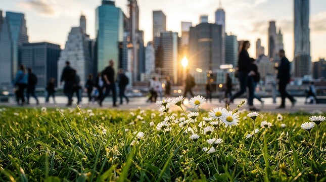 A lush urban green space with vibrant wildflowers amidst a busy city center.