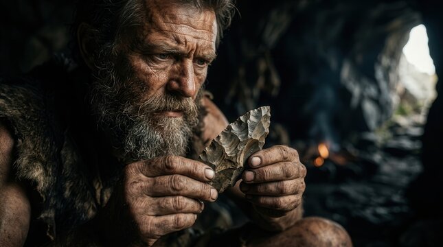 A prehistoric man holds and inspects a sharp stone tool during the stone age.
