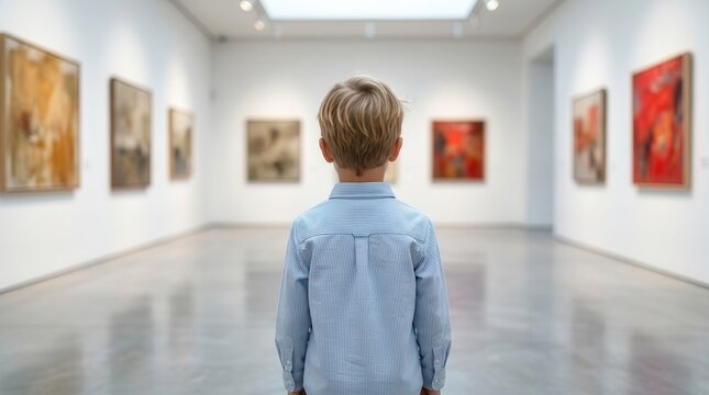 Young child looking at colorful art pieces in a modern museum exhibition.