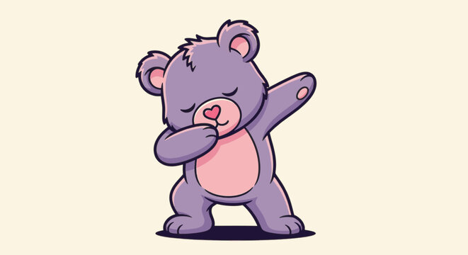 Vector illustration of a cute purple teddy bear performing a dabbing dance move. Features a pink belly and heart-shaped nose, isolated on a solid light cream background for kids.