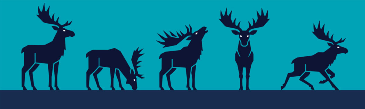 Silhouettes of five moose in various poses against a teal background, showcasing their majestic antlers and different movements.