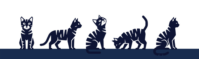 Five stylized dark blue tabby cats in silhouette, showing different poses and movements on a white background with a dark blue base. © Riki