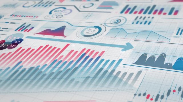 The movement of a stream of diverse animated charts in close-up