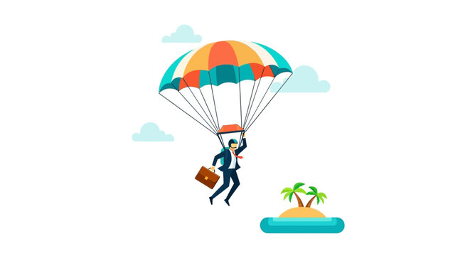 Businessman skydiving with colorful parachute and briefcase.