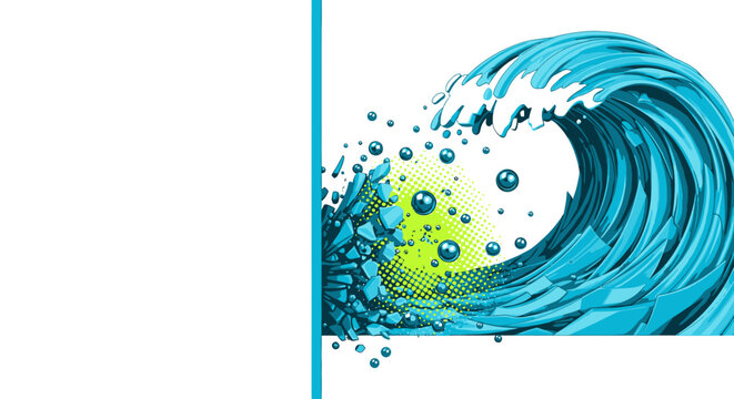 A vibrant, stylized illustration captures the powerful energy of a breaking ocean wave, featuring dynamic splashes and effervescent green bubbles.