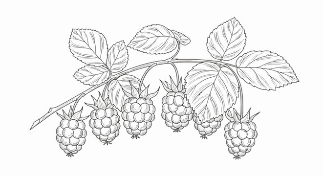 Fine line drawing of salmonberry branch with ripe berries and serrated leaves, botanical black and white illustration of Rubus spectabilis isolated on a white background.
