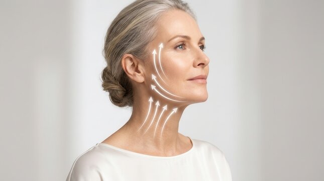 Facelift and age defying therapy visualization featuring an attractive woman with lifting indicators on her neck.