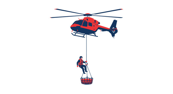 Red helicopter lifting a person in a rescue basket.