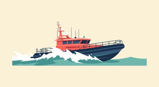 Red industrial tugboat navigating rough ocean waves.