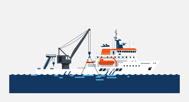 Large cargo ship with crane operating at sea.