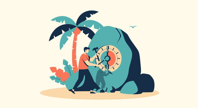 Illustration of a man reading a book under a palm tree.