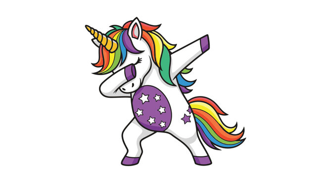 Cartoon vector illustration of a white unicorn performing a dabbing dance pose with rainbow colored mane and tail, golden horn, and star pattern on purple belly isolated on white background.