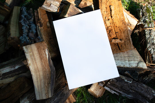 Mockup of white A4 sheet of paper on logs, old oak firewood, wood background. Soft diffuse focus. Poster, blank with space for text, design and presentation