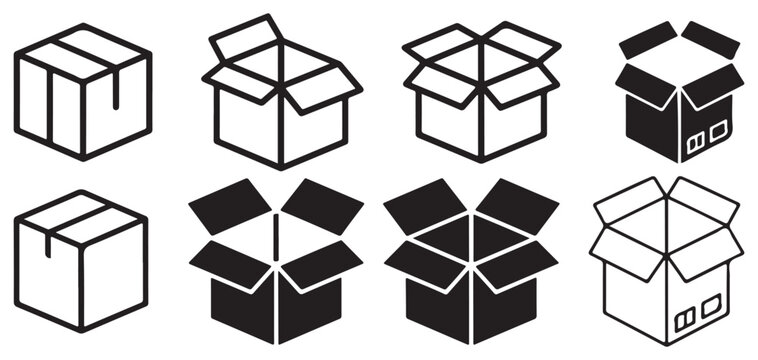 Minimalist line art icons of open and closed cardboard boxes. vector illustration eps 10