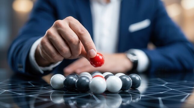 A hand selecting a red sphere to represent long-term impact and innovation investment.