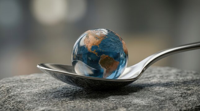 Global consumption and scarcity of resources depicted by a crystal planet on a spoon.