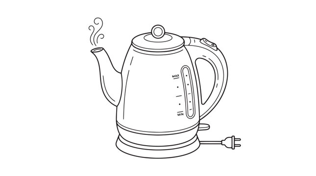 Minimalist electric kettle line art vector, modern kitchen appliance with steaming spout, black and white household tea kettle illustration isolated on White Background
