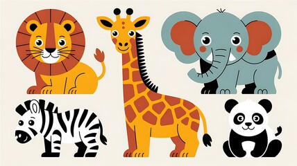 Naklejka premium African safari animals and trees silhouettes set, black silhouette of elephant, giraffe, wildebeest, lion, gazelle, bush, grass, and rock for wildlife vector illustration. 