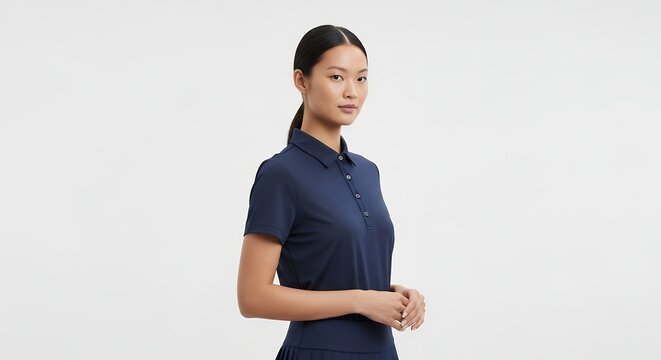Woman in navy polo shirt posing against a white background