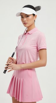 Woman in pink golf attire posing with golf club against white background