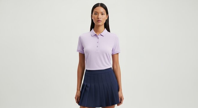 Woman in polo shirt and skirt posing against a neutral background