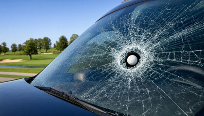 Close-up of a shattered car windshield with a golf ball impact point parked near a golf course