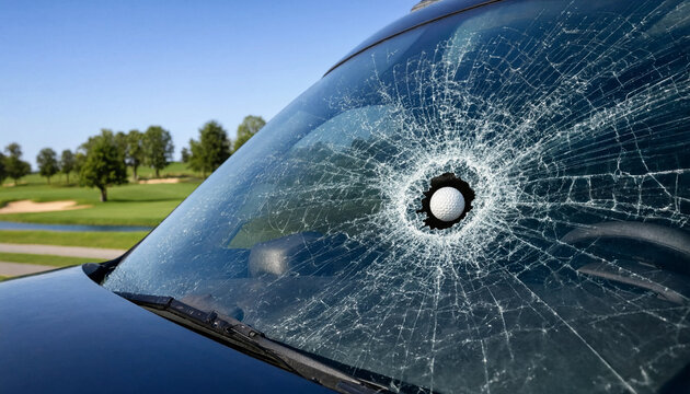 Close-up of a shattered car windshield with a golf ball impact point parked near a golf course