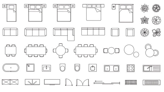 Architectural floor plan symbols for interior design, furniture top view icons for house planning, modern home layout CAD blocks isolated on White Background ai
