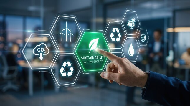 Environmental management systems concept with ISO 14001 and impact reduction icons.