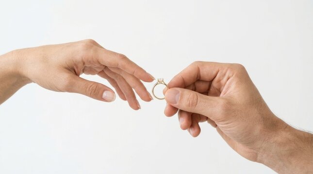 Man offering diamond ring to woman for proposal or engagement against white background symbolizing commitment and love relationship
