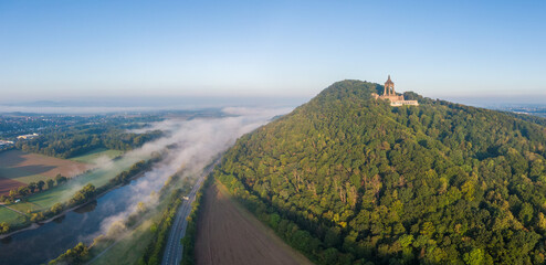 Aerial morning view of Emperor William Monument in Porta Westfalica © Iurii