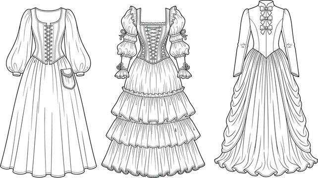 Fashion technical sketches of medieval and Victorian style gowns with corset bodices and ruffles