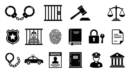 Law enforcement and criminal justice system black icon set. © togor